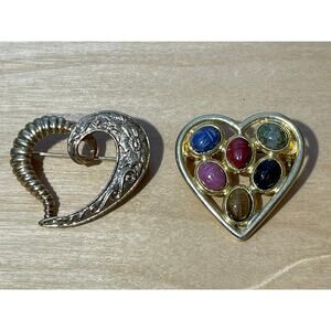 Vintage Heart Brooch Lot of 2 Gold Tone Scarab Jewels Romantic
